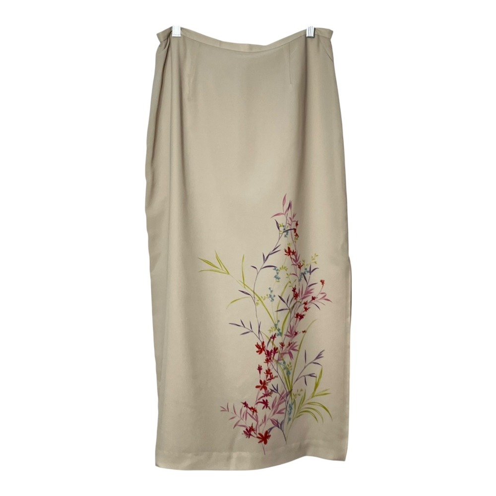 Josephine Chaus Studio Beige Floral Graphic Maxi Skirt Size 14 Side Slit Lined